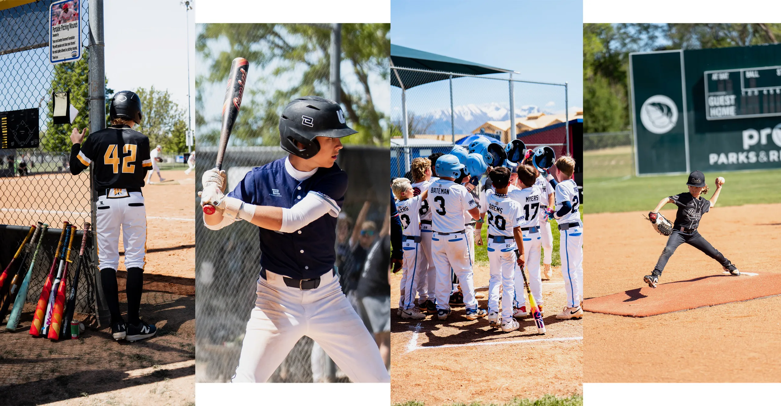 ALL IN Tournament players: on deck, batting, celebrating, and pitching