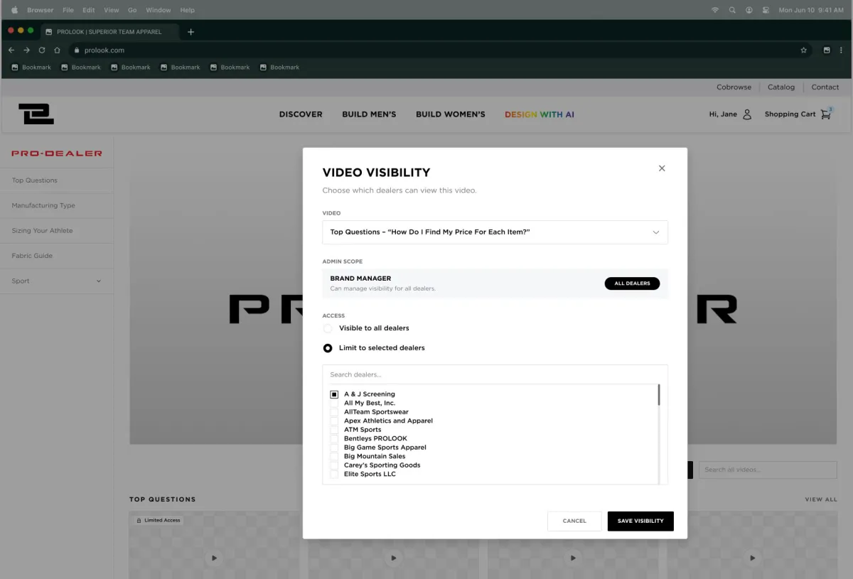 Video visibility settings for choosing which dealers can view a video